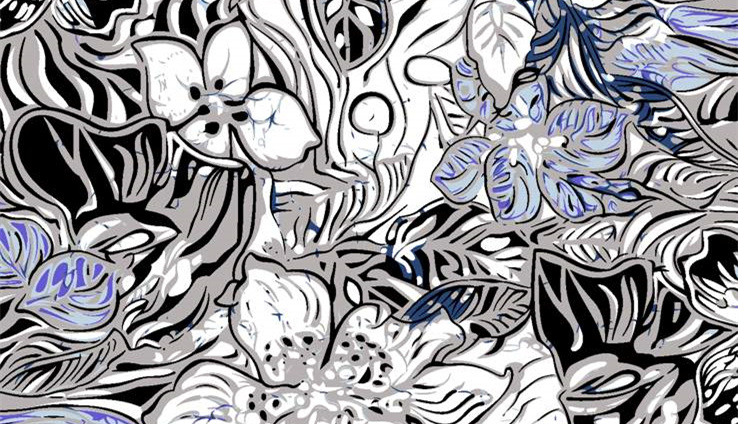 黑白蓝交织花卉抽象图案面料印花素材,适用于服装印花设计