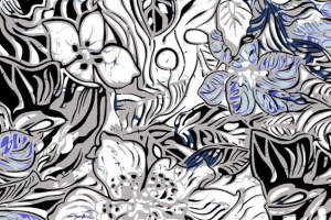 黑白蓝交织花卉抽象图案面料印花素材，适用于服装印花设计