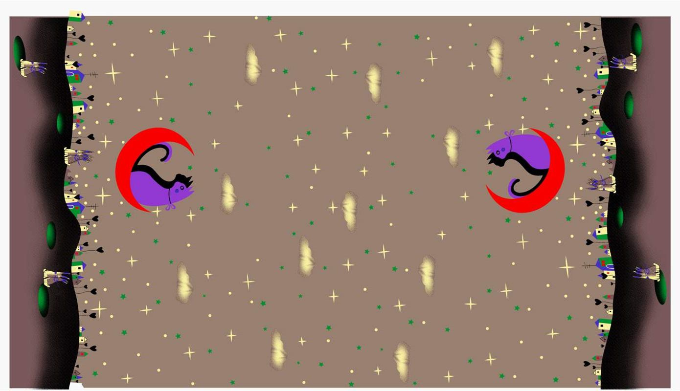 梦幻星空猫月纹面料印花素材,适用于儿童服装印花设计