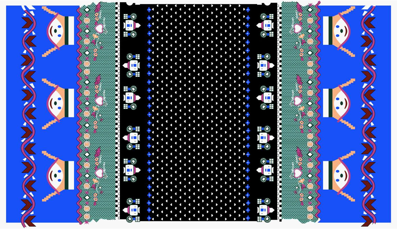 民族风机器人主题面料印花素材,适用于服装印花设计