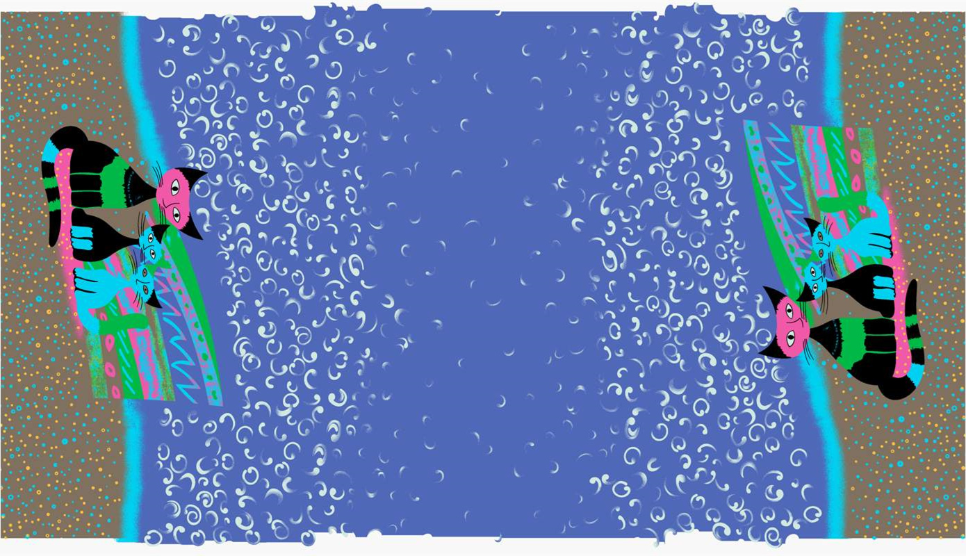 波浪卷纹与猫形图案结合的服装印花素材,适用于童趣风面料印花设计