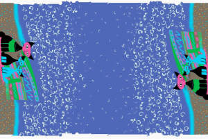 波浪卷纹与猫形图案结合的服装印花素材，适用于童趣风面料印花设计