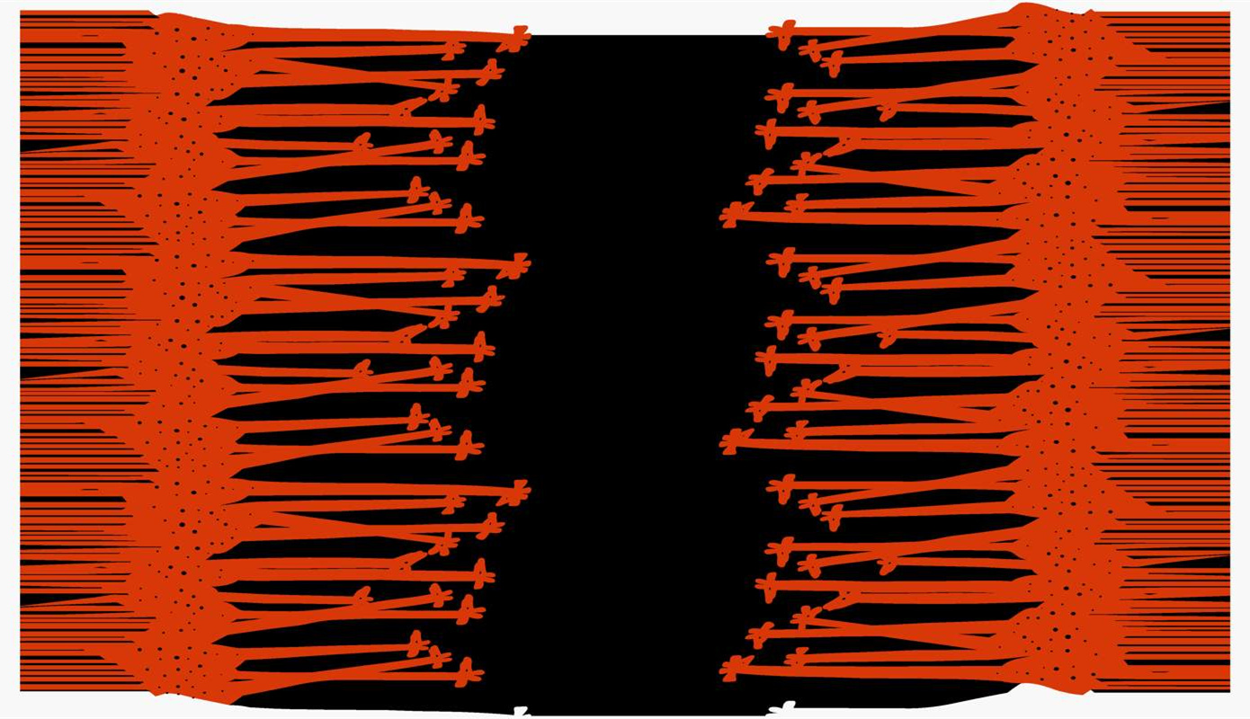 橙黑对比抽象线条风面料印花素材,适用于服装印花设计