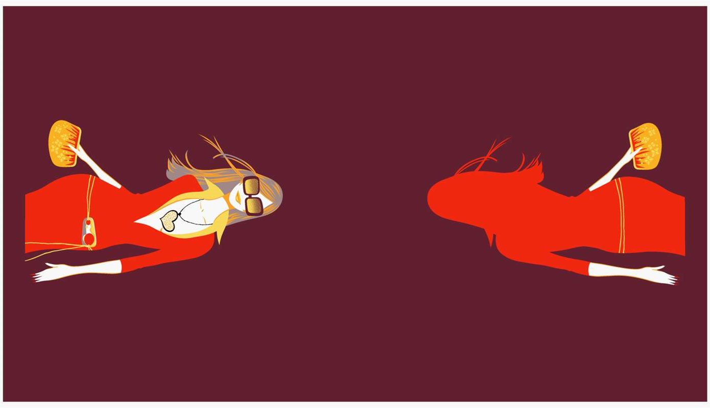 复古红调女性插画面料印花素材,适用于服装印花设计与时尚服饰开发