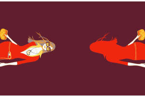 复古红调女性插画面料印花素材，适用于服装印花设计与时尚服饰开发