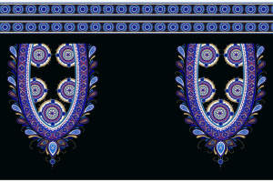 经典佩斯利蓝金纹样面料印花素材，适用于服装印花设计