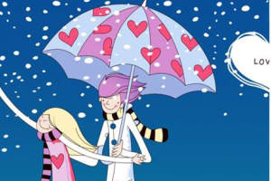 浪漫爱心雨伞插画面料印花素材，适用于情侣装与冬日服装印花设计