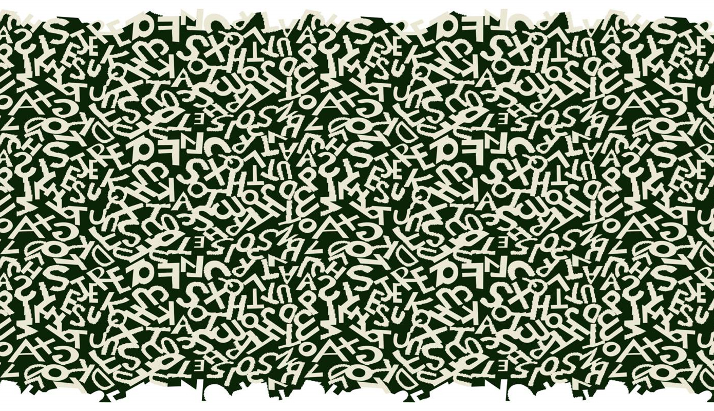 深绿底米白字母乱序印花面料素材,适用于服装印花设计