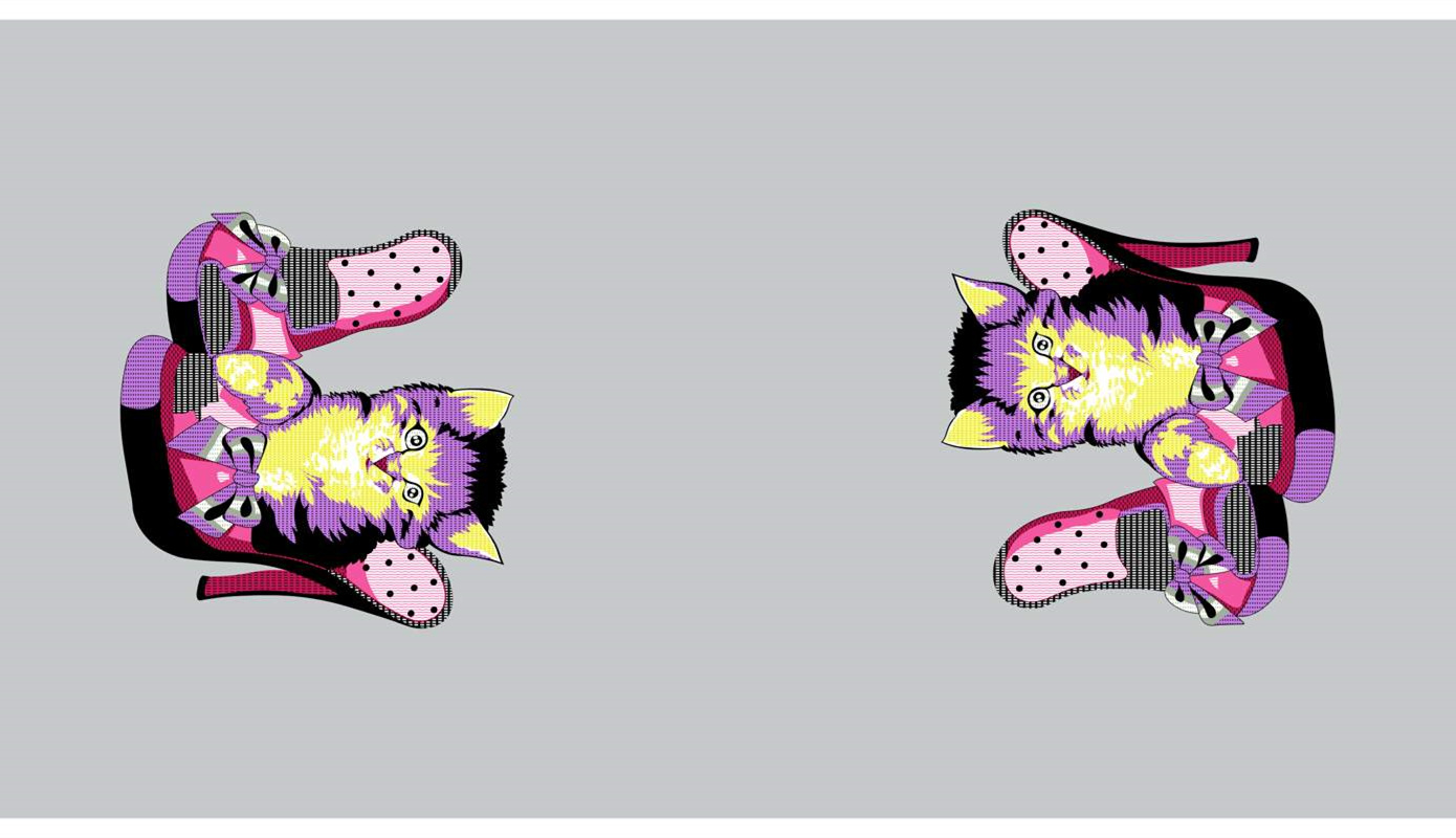可爱猫咪与波点高跟鞋组合面料印花,适用于童趣风服装印花素材