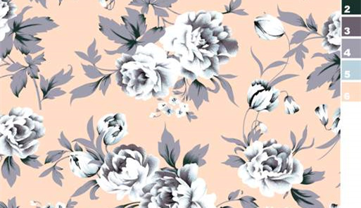 柔粉底色灰白牡丹花卉面料印花素材,适用于服装印花设计