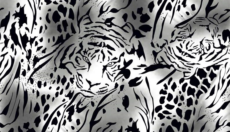 黑白写意虎纹面料印花素材,适用于服装印花设计与高端定制