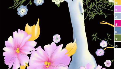 黑底粉紫花卉手绘风面料印花素材,适用于服装印花设计