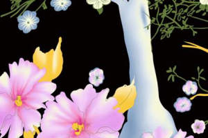 黑底粉紫花卉手绘风面料印花素材，适用于服装印花设计