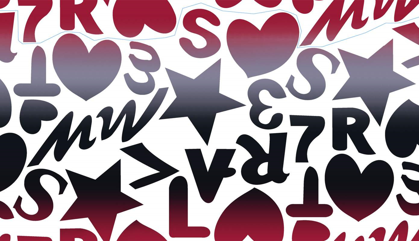 红黑渐变爱心字母星星图案面料印花素材,适用于服装印花设计