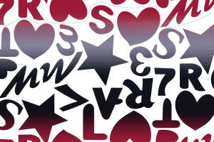 红黑渐变爱心字母星星图案面料印花素材，适用于服装印花设计