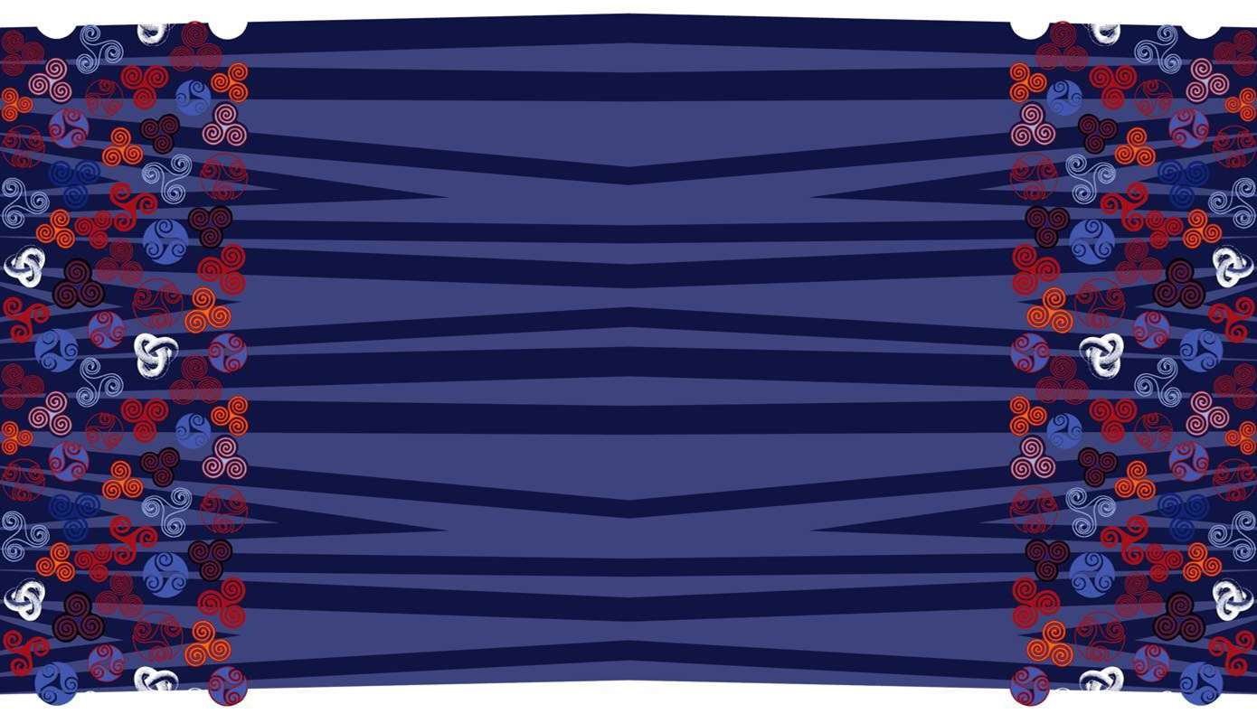 深蓝几何条纹边饰螺旋纹面料印花素材,适用于服装印花设计