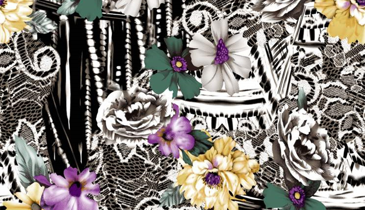 复古花卉与蕾丝拼接面料印花素材,适用于服装印花设计