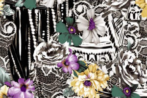 复古花卉与蕾丝拼接面料印花素材，适用于服装印花设计