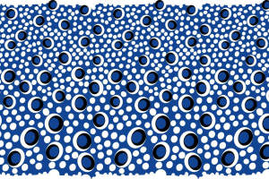 蓝底白黑圆点抽象几何面料印花，适用于服装印花设计素材