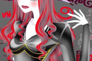 红黑撞色波浪卷发女郎面料印花素材，适用于服装印花设计