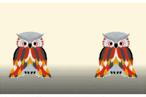 对称猫头鹰图案面料印花素材，适用于儿童服装与潮流服饰设计