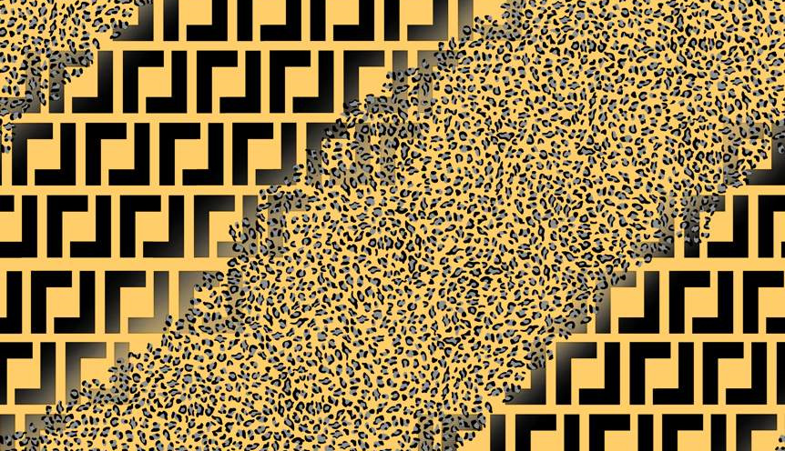 几何回纹与豹纹融合的服装印花素材,适用于潮流服饰面料设计