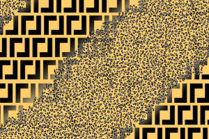 几何回纹与豹纹融合的服装印花素材，适用于潮流服饰面料设计