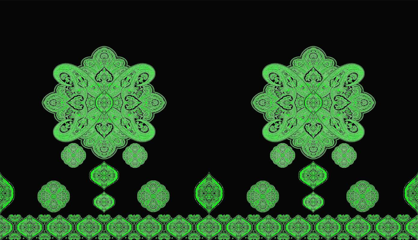 绿色佩斯利对称花型面料印花素材,适用于服装印花设计