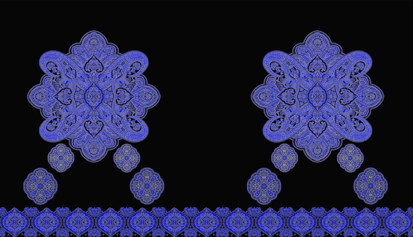 蓝色佩斯利对称花型面料印花素材,适用于高端服装印花设计