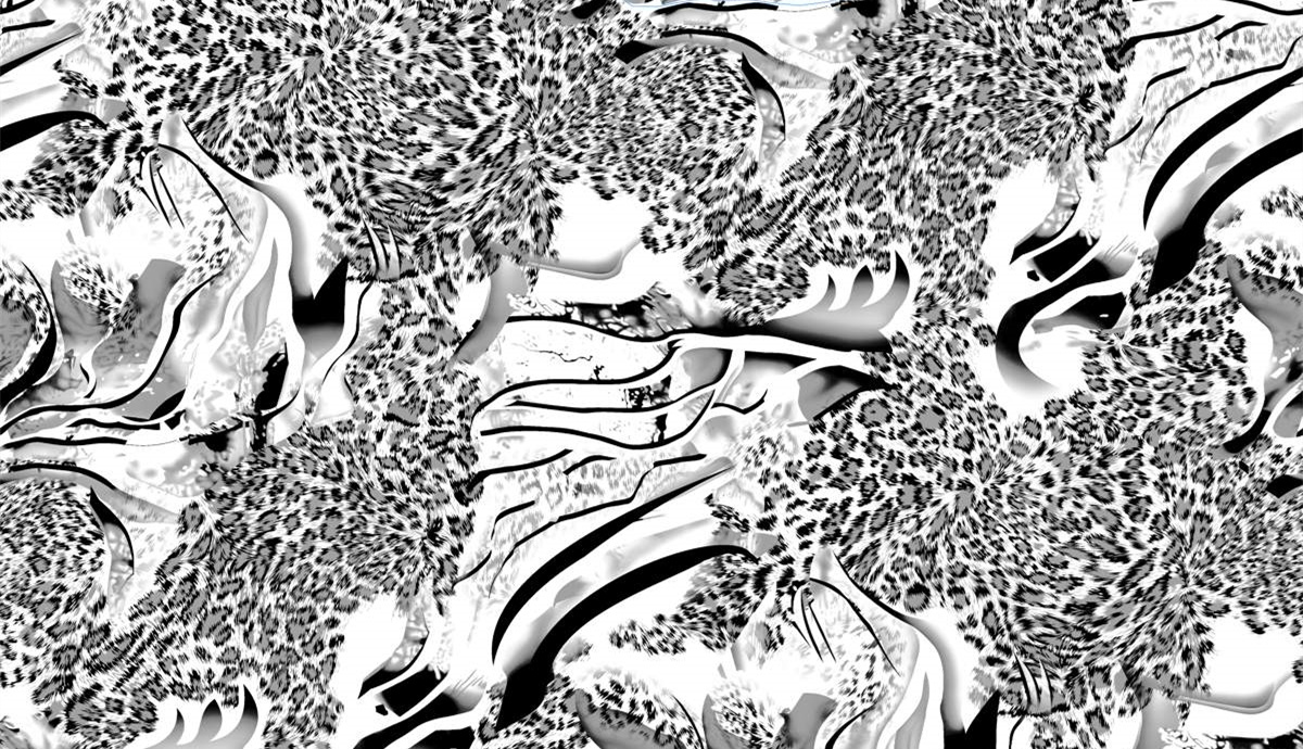 黑白抽象豹纹与流线融合面料印花素材,适用于时尚服装印花设计