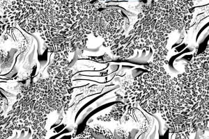 黑白抽象豹纹与流线融合面料印花素材，适用于时尚服装印花设计