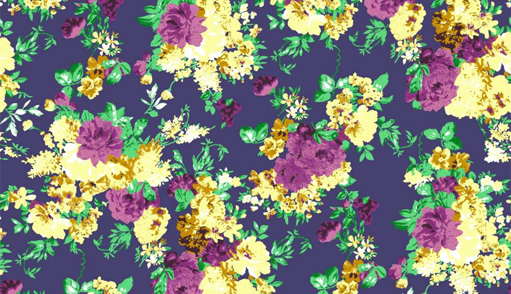 复古紫黄花卉面料印花素材,适用于服装印花设计与数码印染