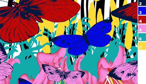 高饱和蝴蝶花卉面料印花素材,适用于春夏服装印花设计