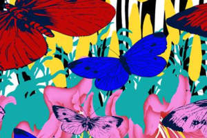 高饱和蝴蝶花卉面料印花素材，适用于春夏服装印花设计