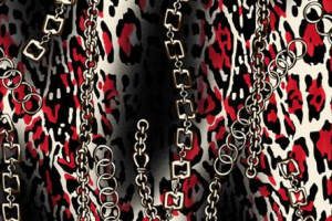 红黑豹纹叠加金属链条图案的服装印花素材高清图