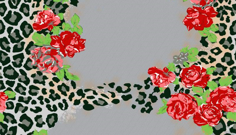 豹纹与红玫瑰撞色面料印花素材,适用于时尚服装印花设计