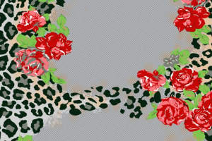 豹纹与红玫瑰撞色面料印花素材，适用于时尚服装印花设计