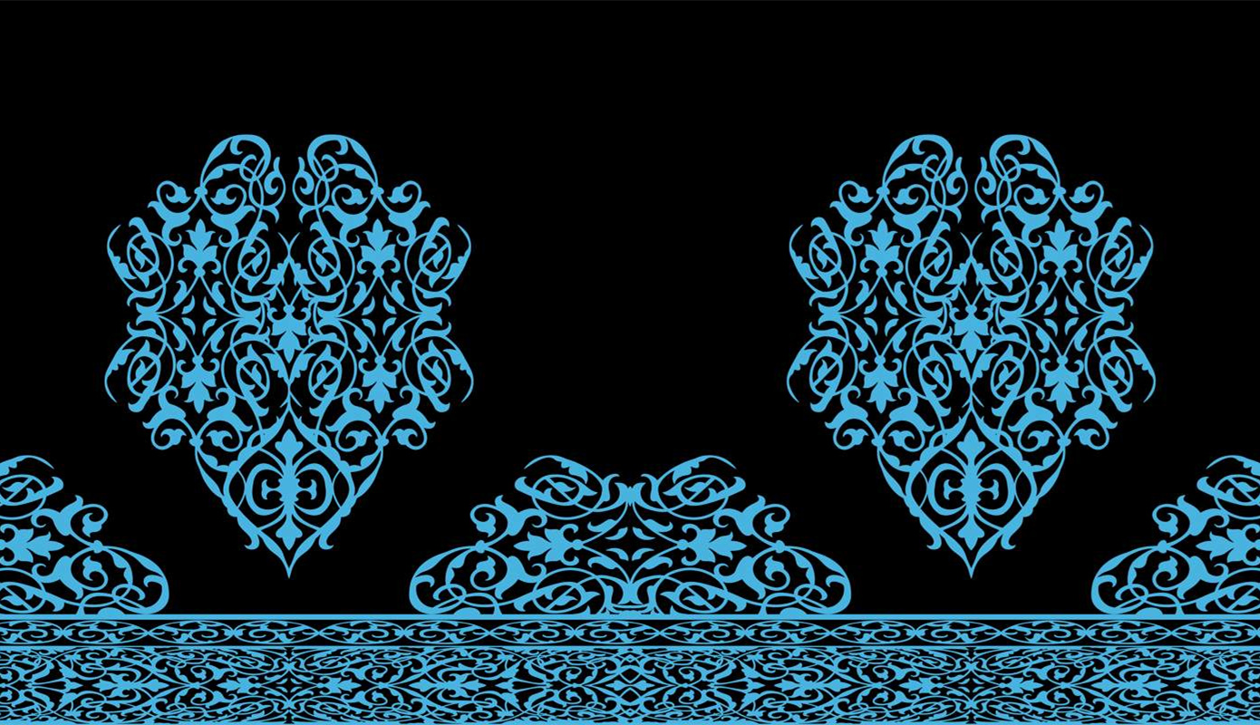 经典蓝黑对比面料印花素材,适用于服装印花设计的对称巴洛克花型