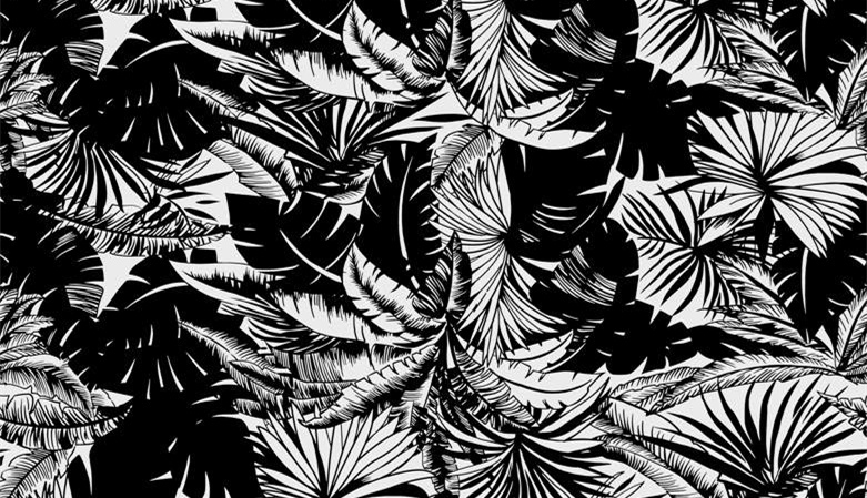 黑白热带叶纹面料印花素材,适用于服装印花设计的高对比度花型图