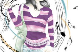 紫色条纹音乐主题面料印花素材，适用于休闲服装印花设计