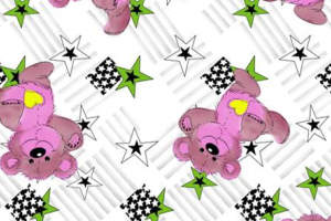 可爱粉色小熊星星格纹面料印花素材，适用于儿童服装印花设计