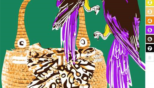 热带风情鸟类与编织篮纹样面料印花素材,适用于服装印花设计