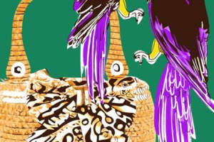 热带风情鸟类与编织篮纹样面料印花素材，适用于服装印花设计