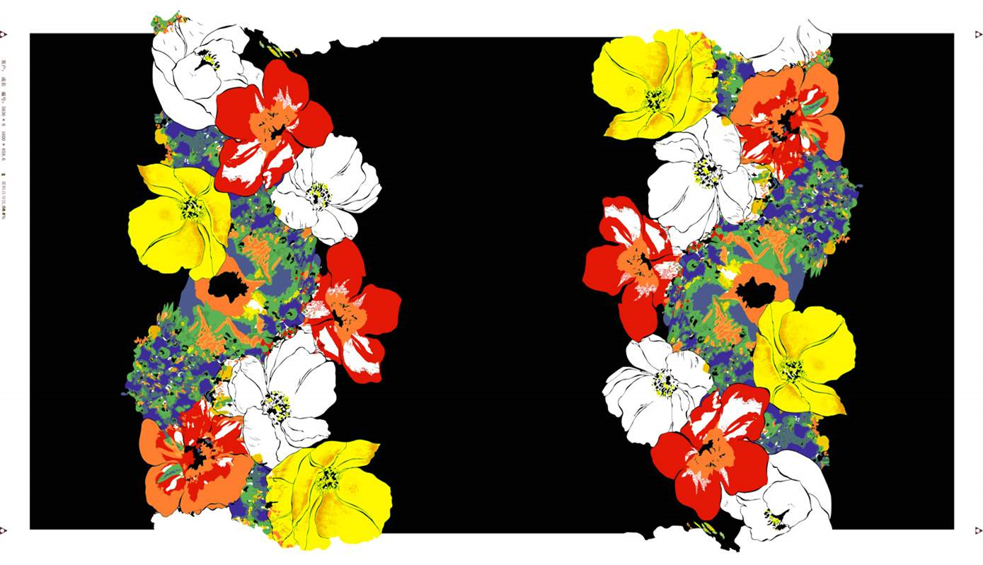 高对比度手绘风花卉面料印花素材,适用于服装印花设计