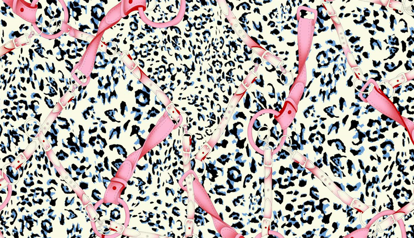 豹纹底粉红马具链条印花面料,时尚前卫服装印花素材图