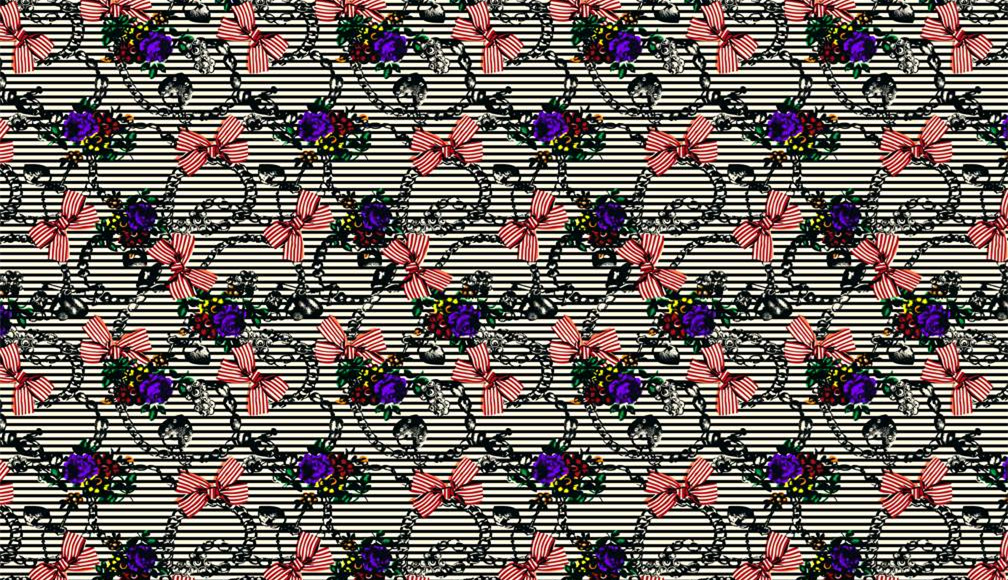 复古链条蝴蝶结花卉面料印花素材,适用于服装印花设计