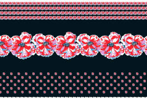 红白花卉边饰面料印花素材，适用于服装印花设计与数码印染