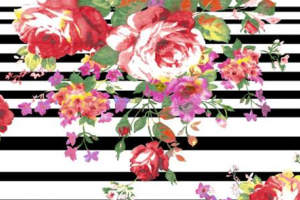 黑白条纹底红玫瑰花卉面料印花素材，适用于服装印花设计