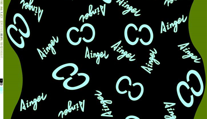 黑底荧光绿字母与环形图案面料印花素材,适用于潮牌服装印花设计