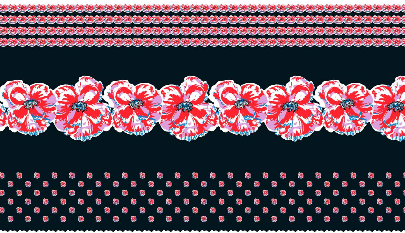 复古红白花卉面料印花素材,适用于服装印花设计与边饰应用